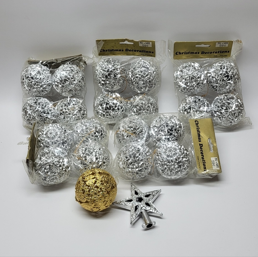 21 Vintage Silver Plastic Filigree Balls & Star Christmas Ornaments Hong Kong